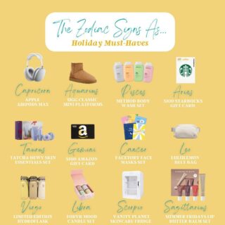 The #zodiacsigns as #holidaymusthaves! ☃️❄️

We can’t pick just one sign…everything is so good 👀

What’s your sign? Comment below! ⬇️ 

#jointhenation #studentambassador #brandambassador #collegemarketing #collegelife #oncampusnation 
#influenceropportunities #lifeatcollege #socialmediamarketing #brandcollabs #backtoschool #summerjobs #studentmarketing #collegejobs #influencing #resumeskills #brandmarketing #collegestudents #campusjobs #campusnetworking  #thesignsas #zodiacsigns #taurus #aries #scorpio #aries #leo #virgo #gemini #zodiacsign